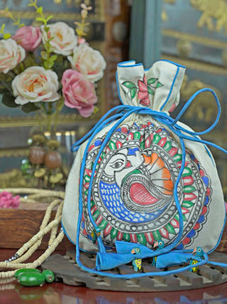 Madhubani Handpainted Silk Potli Peacock