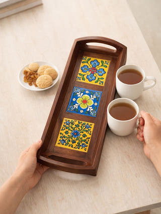 Riwaayat Wooden Blue Pottery 3 Tile Tray