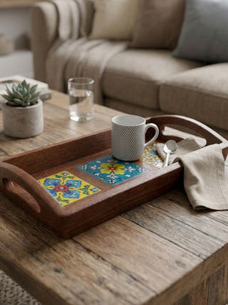 Riwaayat Wooden Blue Pottery 3 Tile Tray