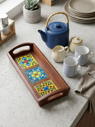 Riwaayat Wooden Blue Pottery 3 Tile Tray