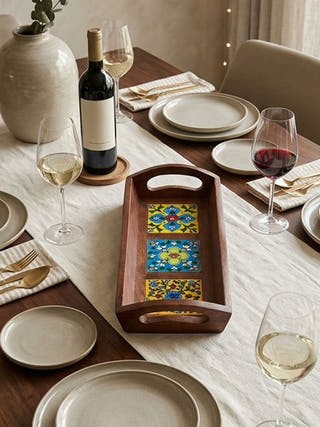 Riwaayat Wooden Blue Pottery 3 Tile Tray