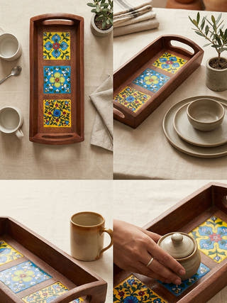Riwaayat Wooden Blue Pottery 3 Tile Tray