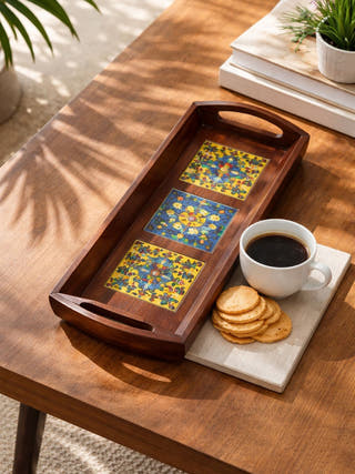 Riwaayat Wooden Blue Pottery 3 Tile Tray
