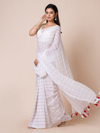 Pure Cotton Checkered Saree | White And Red Ocau