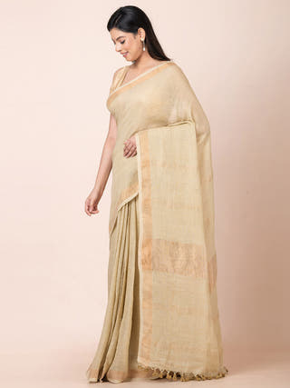 Linen Solid Saree with Zari Cream OCAU