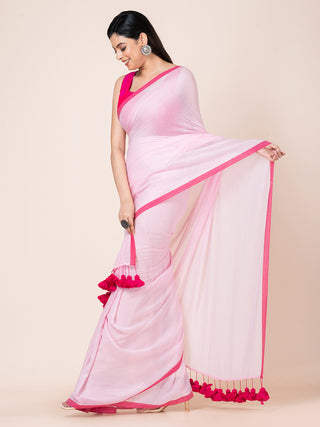 Pure cotton solid saree with contrast border and contrast tassels l Pink OCAU