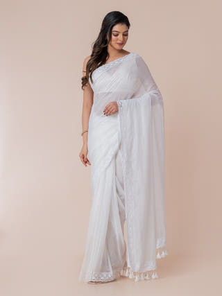 Whimsy White Pure Cotton Solid Saree With Lace Border  Without Blouse Piece