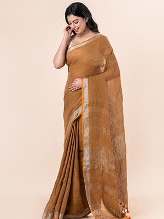Terra Mocha - Pure Linen Saree With Zari Border Without Blouse Piece