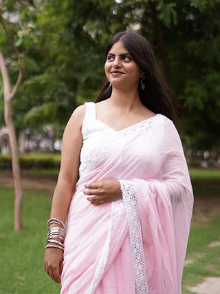 Gulabi Grace Pure Cotton Solid Saree With Lace Border Without Blouse Piece
