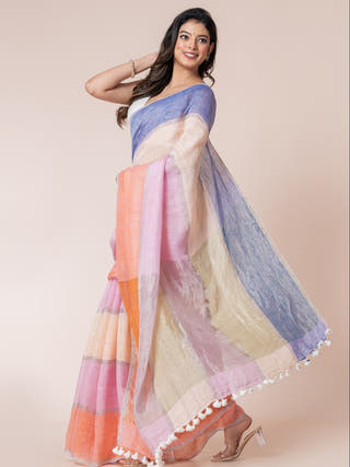Macaron Magic Pure Linen Multicolor Saree  Without Blouse Piece
