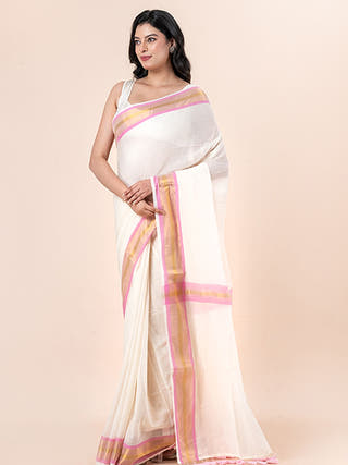 Vanilla Bloom - Pure Cotton Saree With Zari Border Without Blouse Piece