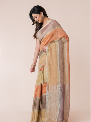 Meadow Mist Pure Linen Multicolor Saree  Without Blouse Piece