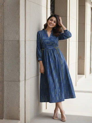 Skye Blue Tie-up Fit and Flare A-line Midi Dress
