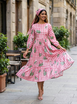 Ella Pink Checked A-line Cotton Midi Dress