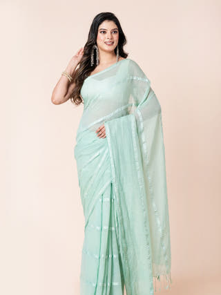 Gleam and Glam Pure Cotton Saree With Zari Stripes Without Blouse Piece II Turquoise
