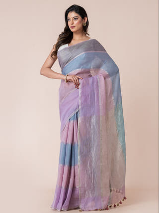 Cupcake Clouds Pure Linen Multicolor Saree  Without Blouse Piece
