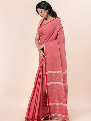 Powder Rose - Organic Cotton Saree With Jamdani Motifs Without Blouse Piece