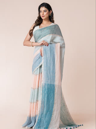 Seashell Hues Pure Linen Multicolor Saree  Without Blouse Piece
