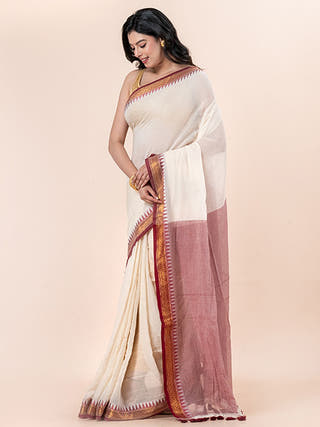 Ruby Glow - Pure Cotton Saree With Kanchi Border Without Blouse Piece