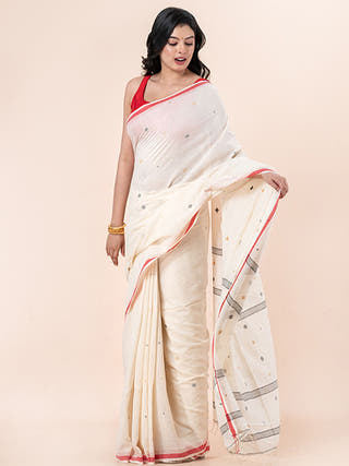 Pearl Dawn - Organic Cotton Saree With Jamdani Motifs Without Blouse Piece