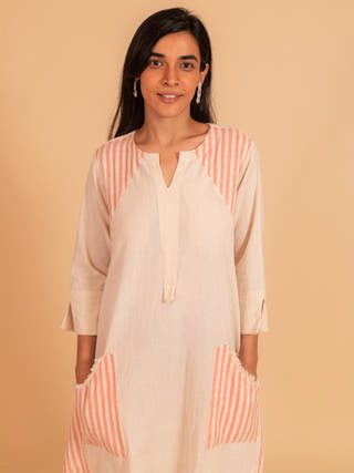 Moral Fibre  Side Kali Dress In Stripes And Kora Fabric Moral Fibre Ecru & Peach