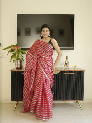 Red Saree With Silver Zari Striped