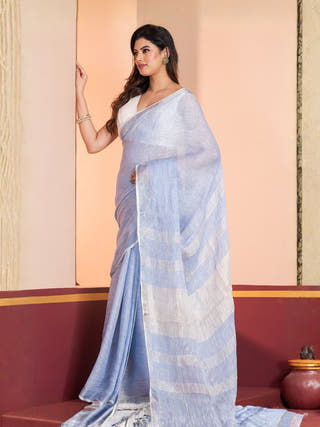 Cloud Wishper Pure Linen Solid Saree With Zari Border | Sky Blue