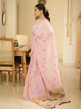 Blush Pink Handpainted Paithani Linen Saree