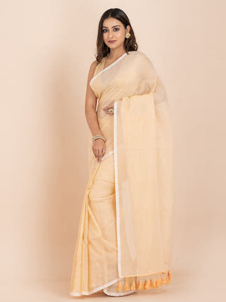 Beige Breeze Pure Cotton Striped Saree With Metallic Zari Ocau 