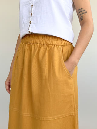 Archie Mustard Embroidered Maxi Skirt with Pockets