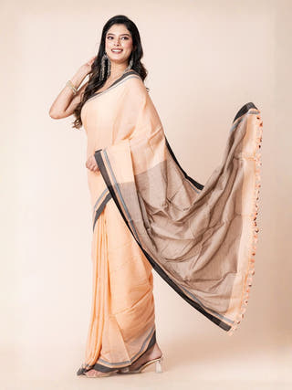 Beige Pop Stripes Pure Cotton Saree With Jacquard Border | Beige & Black