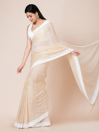 Pure cotton solid  saree with lace border l Beige Ocau