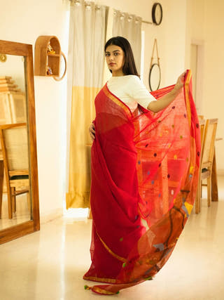 Paithani Blossom Handpainted Red Linen Saree