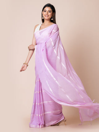 Gleam & Glam | Pure Cotton Saree With Zari Stripes | Light Purple Ocau