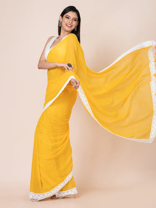 Pure cotton solid  saree with lace border l Yellow Ocau