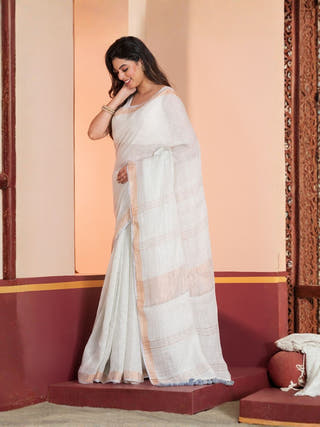 Silver Mist Pure Linen Solid Saree With Zari Border