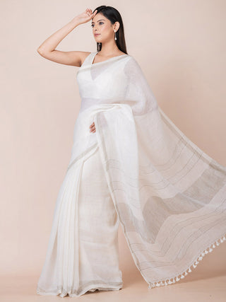 Linen Saree With Zari White OCAU