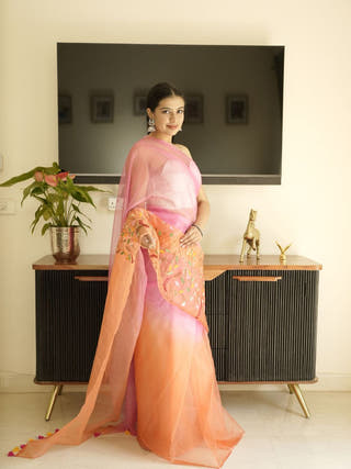 Orange-Pink Ombre Organza Saree