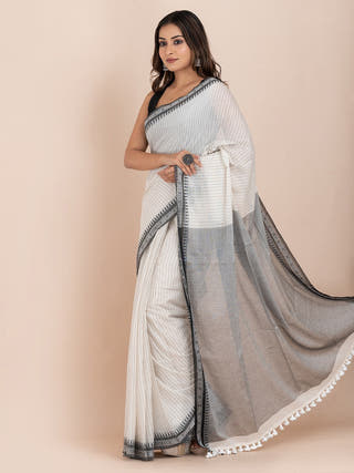 Shadow Stripes Pure Cotton Striped Saree Ocau 