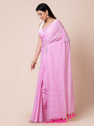Pure Cotton Checkered Saree | Pink Ocau