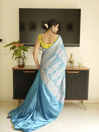 Blue Banarasi Silk Saree With Zari Border