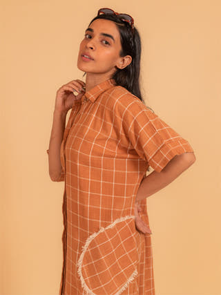 Moral Fibre Beach Dress With Patch Pockets In Check Fabric Moral Fibre Beige checks on Brown
