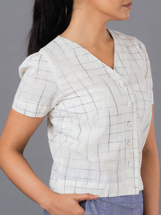 Disappearing Check Button Down Top Blue Ocau