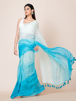 Pure cotton solid shaded saree with tassels l Sky Blue Ocau