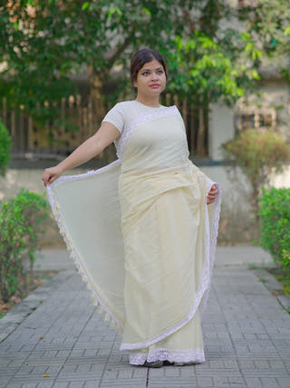 Pure cotton solid  saree with lace border  Without Blouse Piece II Beige