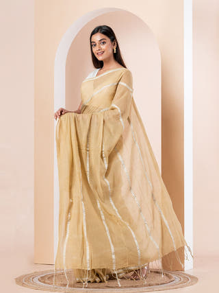 Hazelnut Pure Cotton Saree With Zari Stripes | Yellow Ochre