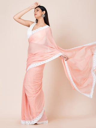 Pure cotton solid  saree with lace border l Peach Ocau