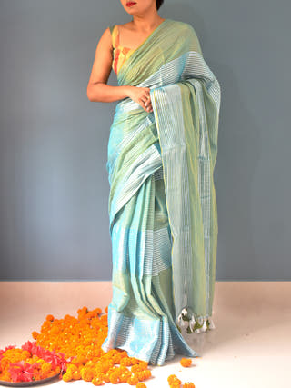 Pure Cotton Saree Zari Stripes Teal OCAU