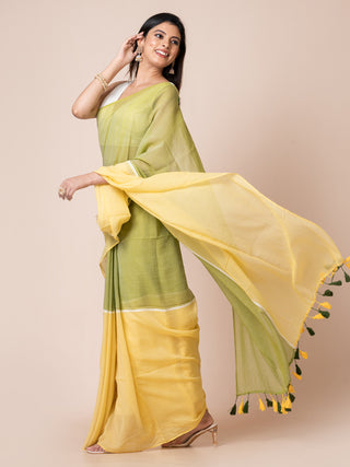 Pure Cotton Solid  Saree With Tassels | Yellow And Green Ocau