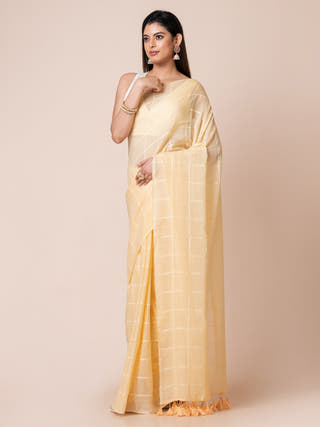 Pure Cotton Checkered Saree | Yellow Ocau